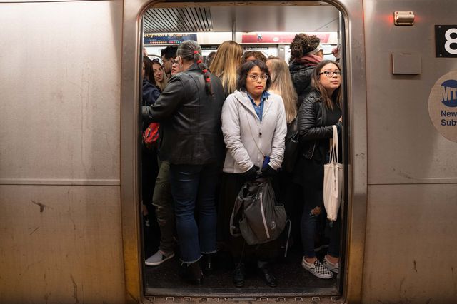 A crowded L train car during the slowdown in April 2019